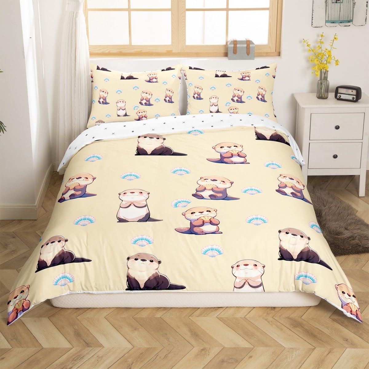 Manfei Cartoon Otters Decorations Beddding,Ocean Lake Kifds Yellow Duvet Cover for All Season,Kawaii Sea Animals Kids Bedroom Decor Comforter Cover(No Filler) Full Size,3PCS