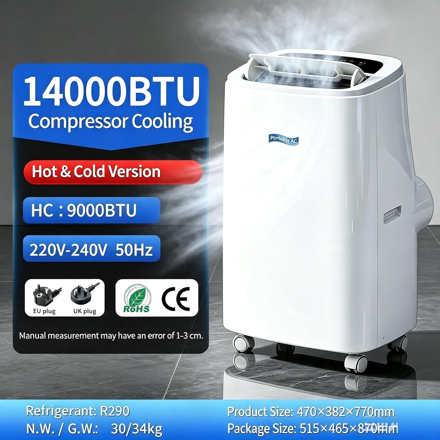 Aire Acondicionado Portátil 14000 BTU Frío y Calor 2 en 1, Enfriador y Calefactor Móvil sin Instalación con Ruedas, Equipo de Climatización para Salón,, B+Hot & Cold 14000 BTU, B+Hot & Cold 14000 BTU