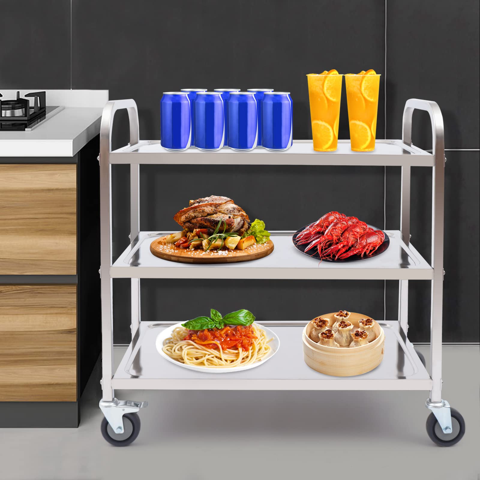 Carro de servicio con ruedas de acero inoxidable, 3 niveles, capacidad de carga de 25 kg, estantería con frenos, ahorra espacio, 33 x 45 x 90 cm, acero inoxidable pulido 201, para cocina