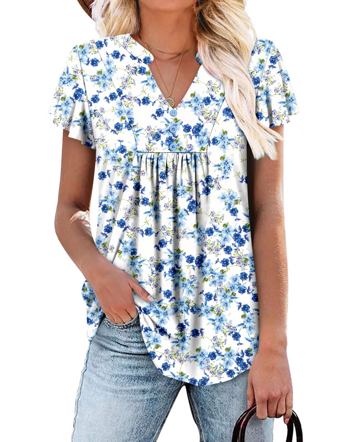 onlypuff Women's Short Sleeve Tunic Tops Summer Pleated V Neck Button Down Shirts for Leggings