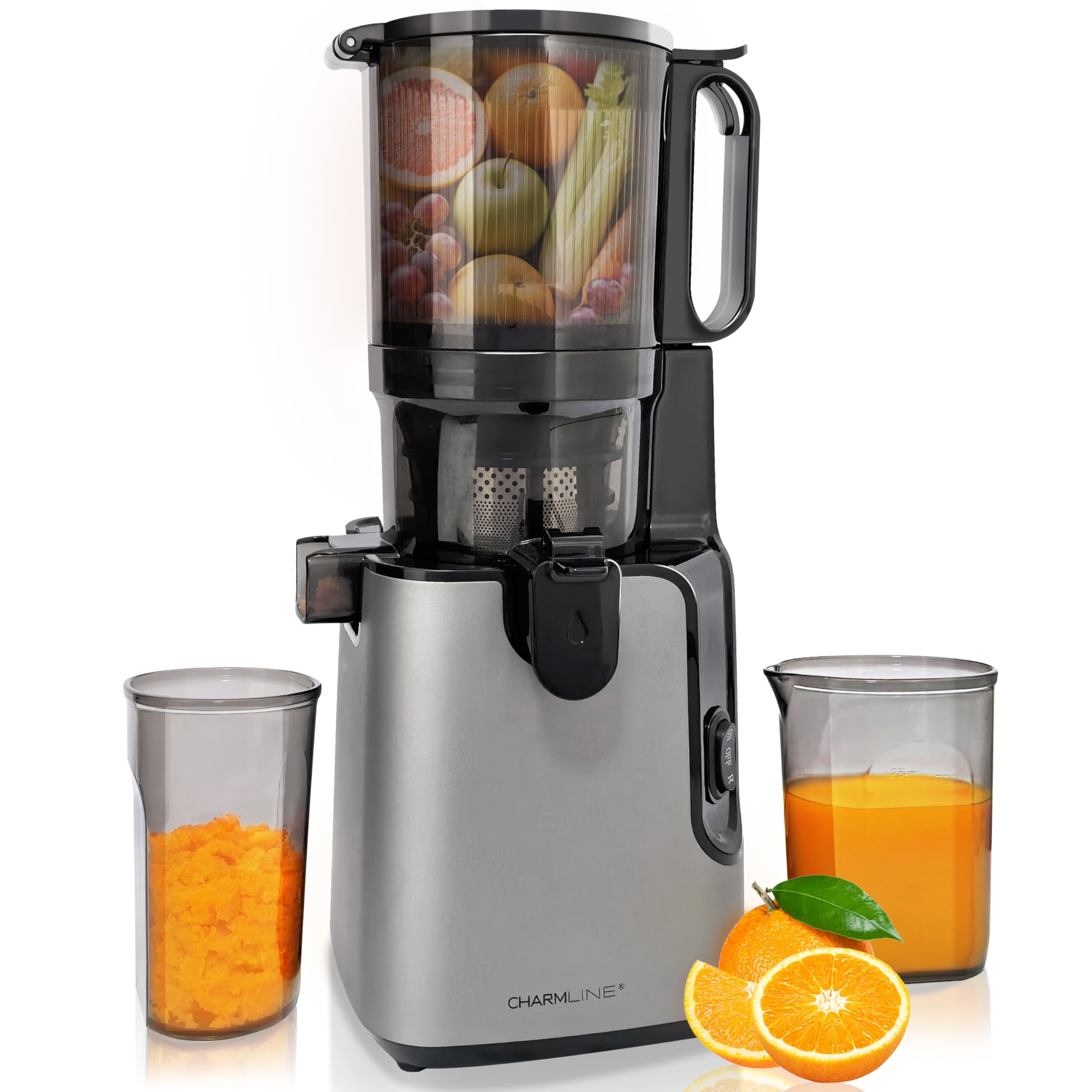 Charmline Estrattore Frutta e Verdura a Freddo, Bocca Larga 130mm, Facile da Pulire, 1,8L Capacità, Slow Juicer Elettrico per Succhi di Frutta e Verdura