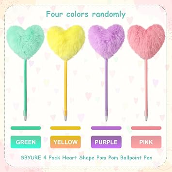 Pom Pom Ballpoint Pen 4 Pack Heart Shape Puffy Pens Fluffy Pen for Girls Colorful Fuzzy Pens Ballpoint Pens for Office and Party Supplies