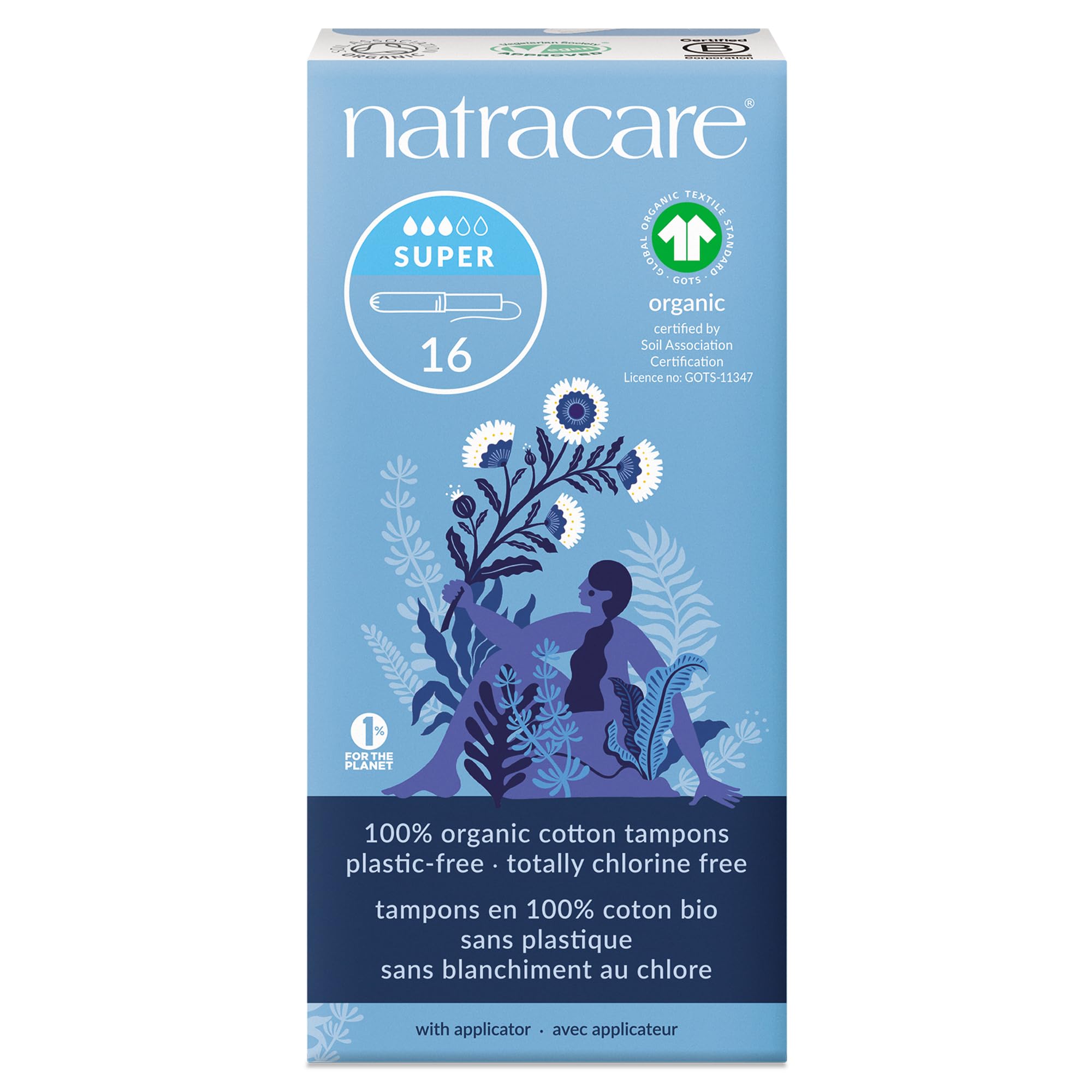 100% Organic Cotton Tampons Super W/Applicator - 16 Tampons