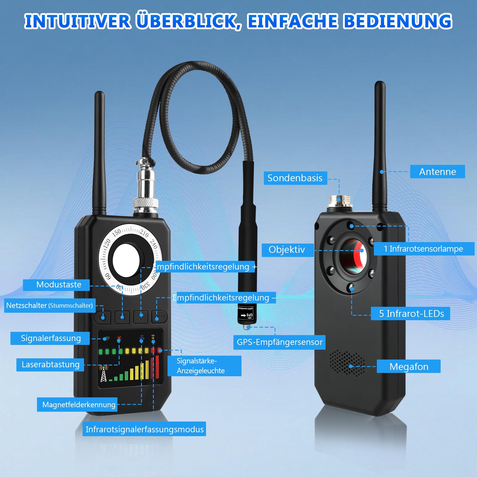 GPS Tracker Detektor, Wanzen Detektor - Wanzenfinder Versteckte Kamera Finder RF Signal Bug Detector Anti Spy Anti-Aufnahme Detektoren für Abhörgeräte Funkkameras für Hotel Heim Büro Reisen