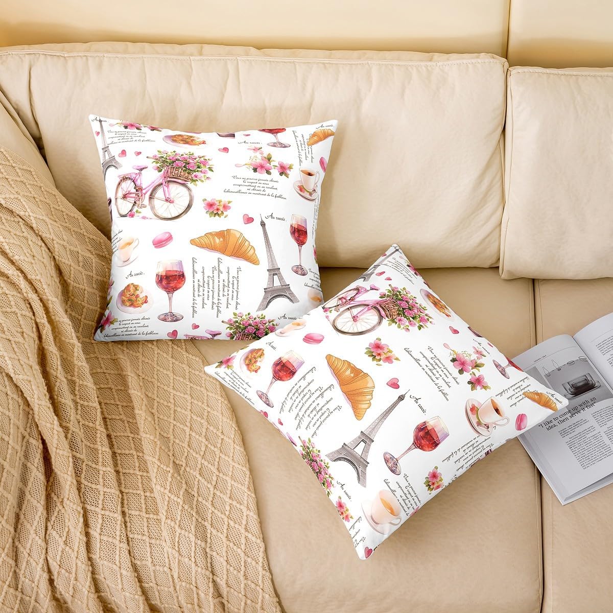 Erosebridal Romantic Valentine Throw Pillow Covers Pack of 2,French France Eiffel Tower Cushion Cases,Bicycle Romance Paris Pillow Covers,Roses Floral Wine Glass Decorative Pillow Covers,22x22 Inch