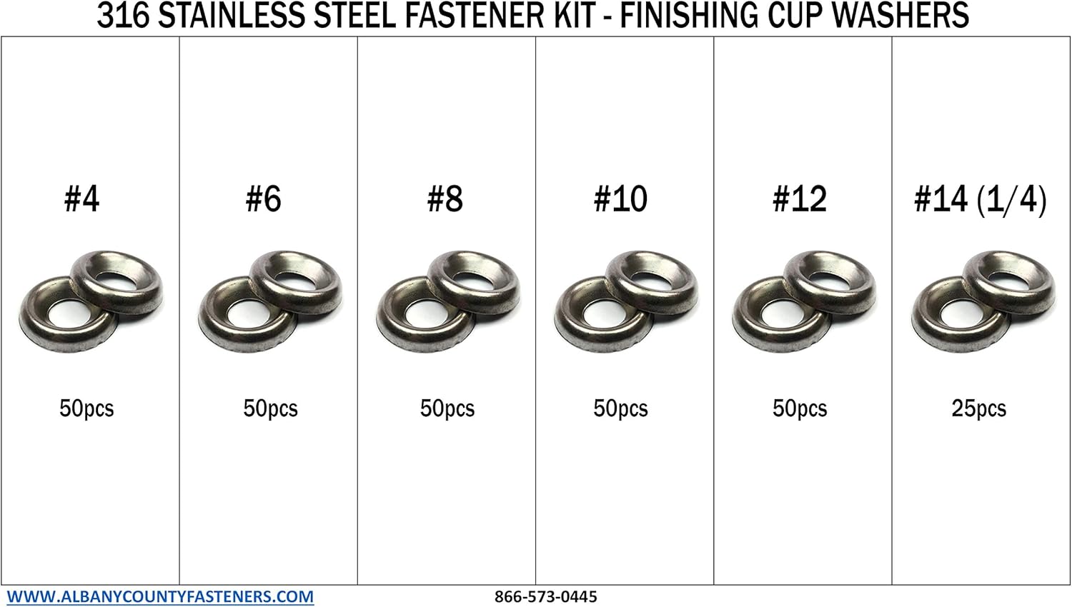 316 Stainless Steel Countersunk Finishing Cup Washers Kit sizes #4 through 1/4" - 276 pieces