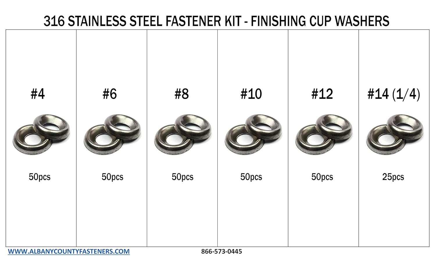 316 Stainless Steel Countersunk Finishing Cup Washers Kit Sizes #4 Through 1/4 - 276 Pieces