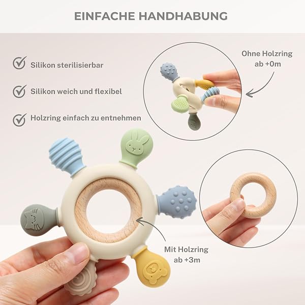CAJA Beißring Baby BPA freie Zahnungshilfe und Beißspielzeug aus Silikon und Holz Greifring mit Tiermotiv Geschenkidee zur Geburt Sicheres Babyspielzeug für Jungen und Mädchen - 5