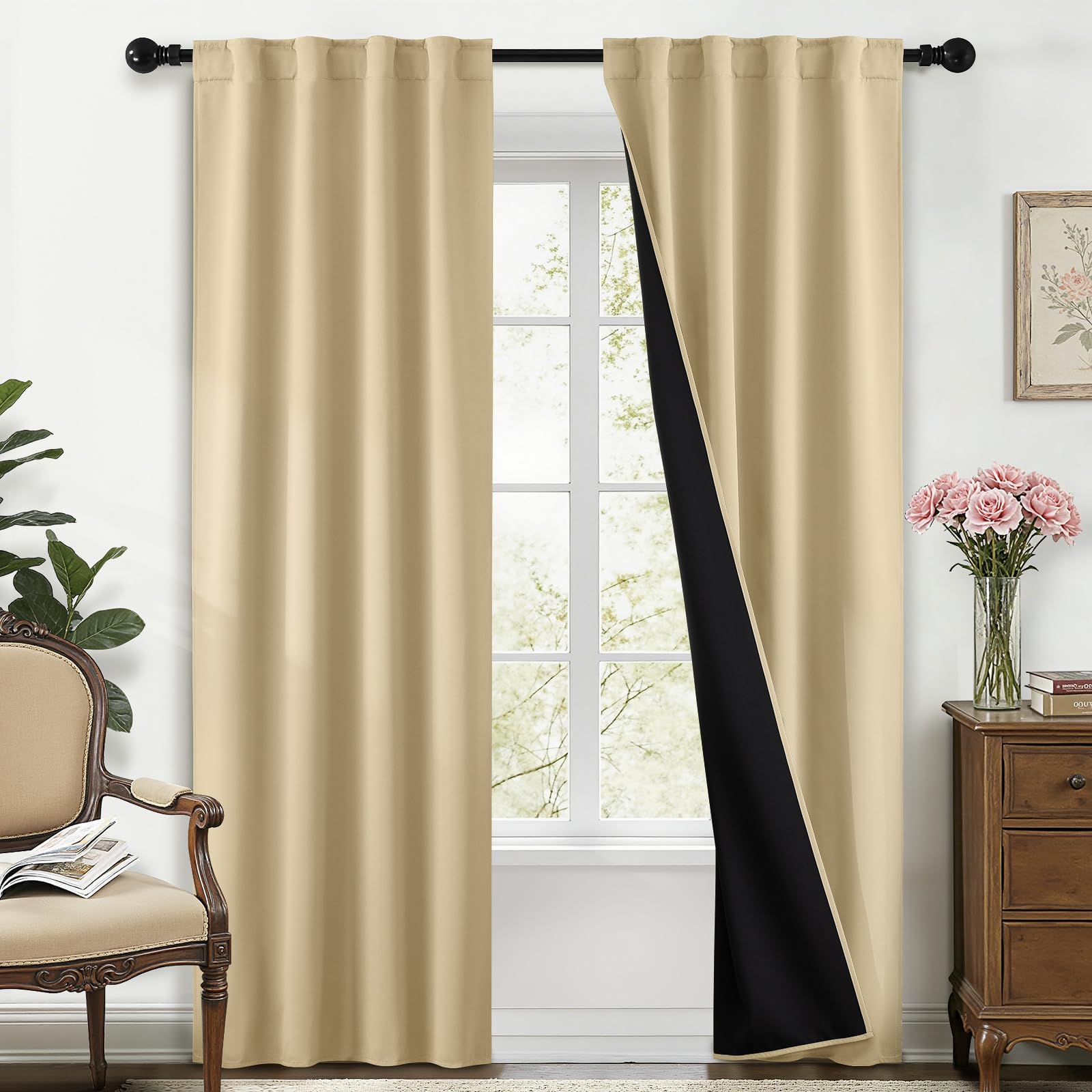Yakamok Blackout Curtains Thermal Insulated Window Treatment Panels Room Darkening Blackout Drapes for Bedroom Back Tab/Rod Pocket Living Room Draperies, 40 x 84 Inch, Beige, 2 Panels