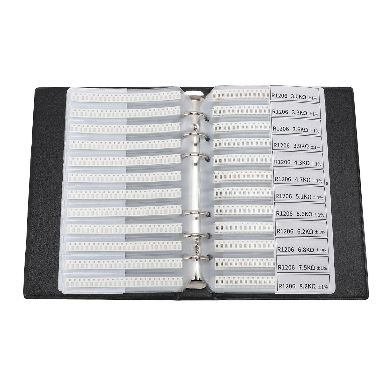 Libro de muestras de resistencias SMD 1206, kit variado de resistencias de chip con 170 valores, 50 unidades de cada uno, y carpeta compacta de componentes electrónicos en PVC para
