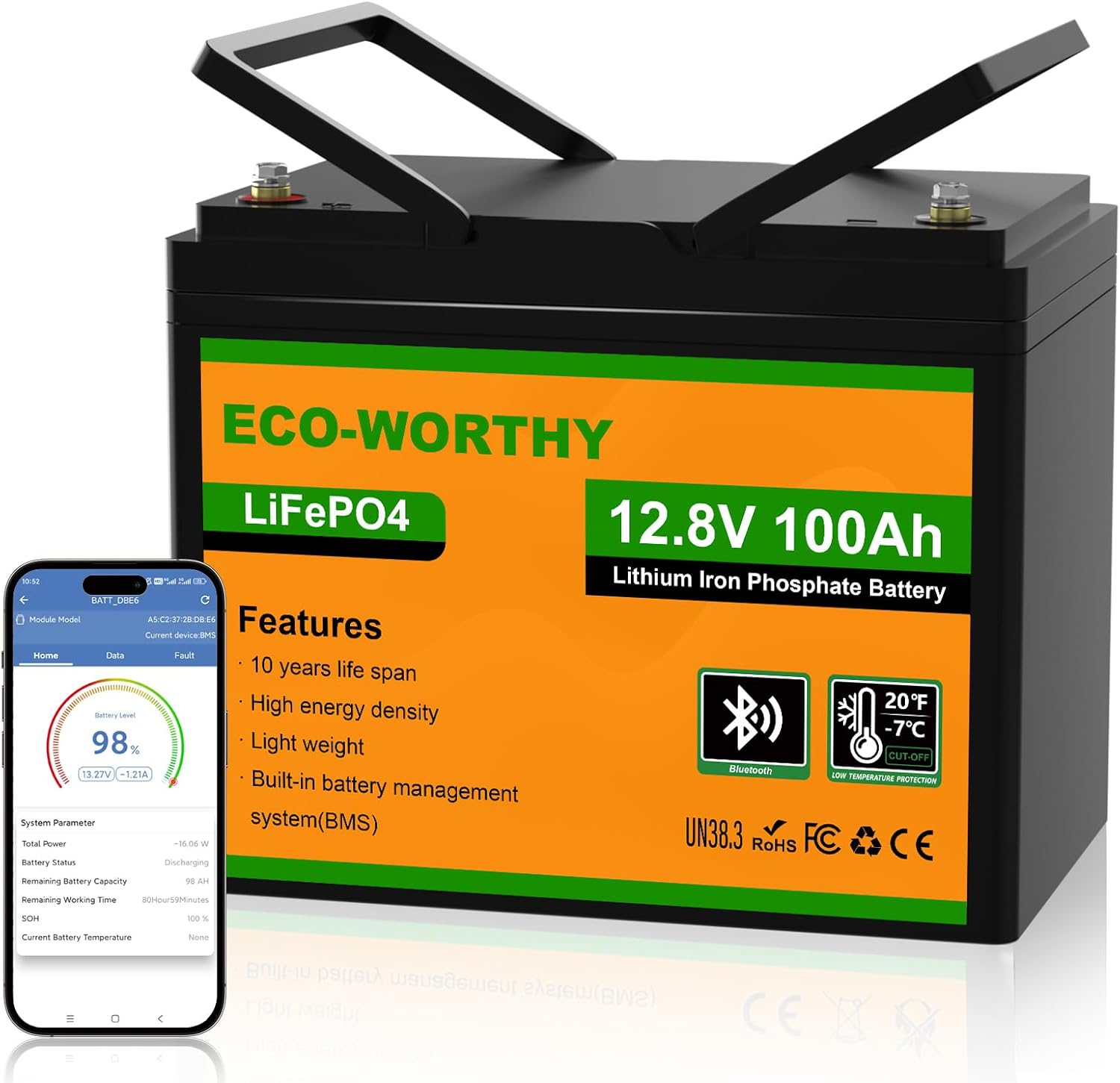 ECO-WORTHY 12V 100Ah LiFePO4 Battery with Battery Status Display and Bluetooth