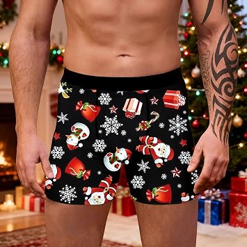 Funny Underwear for Men, Boxers for Men Loose Fit, Underwear Loose Festive Costumes Plus Size Design Trunks Christmas Special Boyshort Style Soft Boxers Reindeer Snowflake Santa Claus Printed Retro