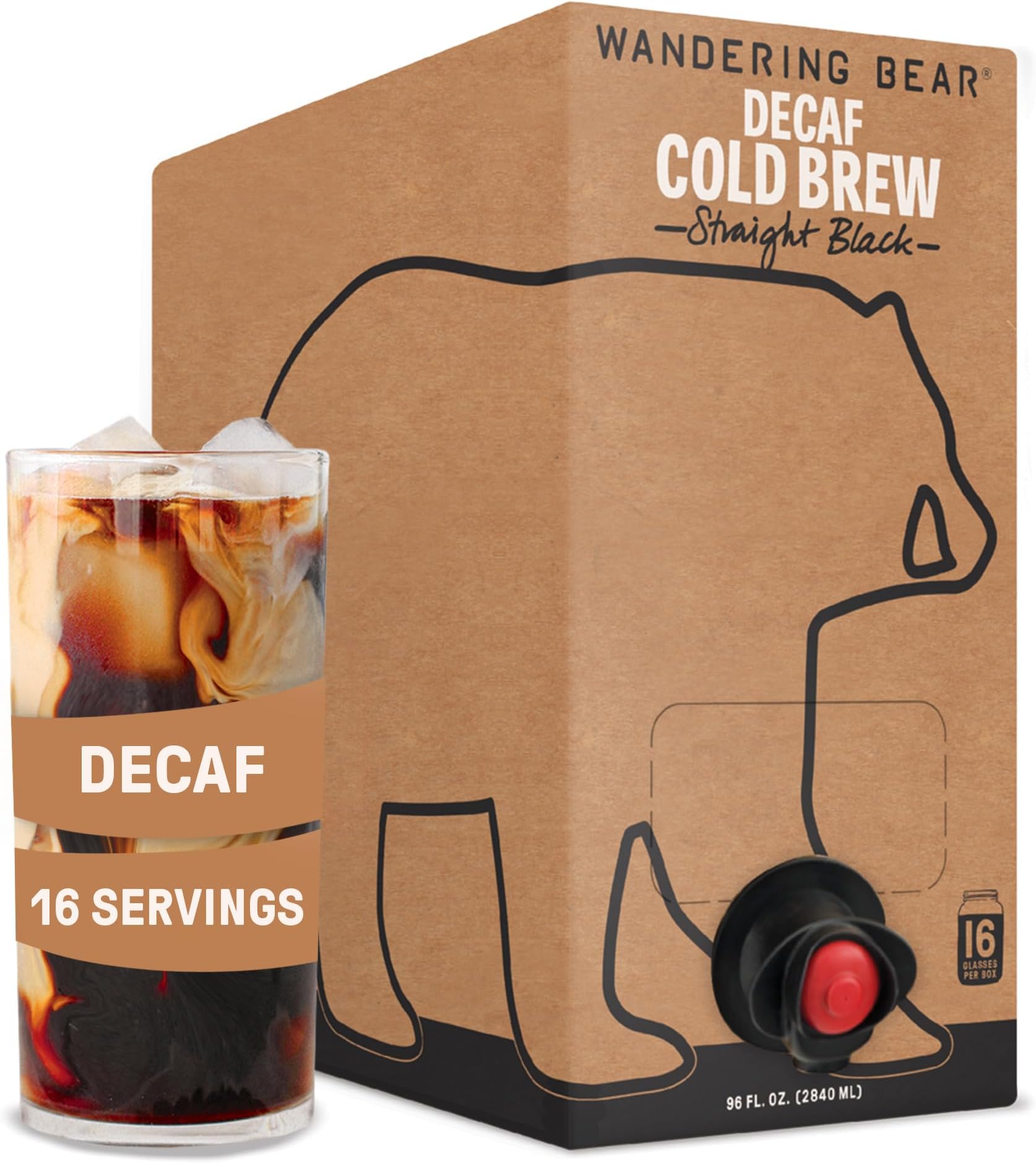 Wandering Bear Decaf Cold Brew Coffee On Tap, Iced Coffee Drink - Bold, Smooth, No Sugar Added, Shelf-Stable, Ready to Drink, Gluten Free & Vegan Decaf - 16 Servings of 6fl.oz - 96fl.oz