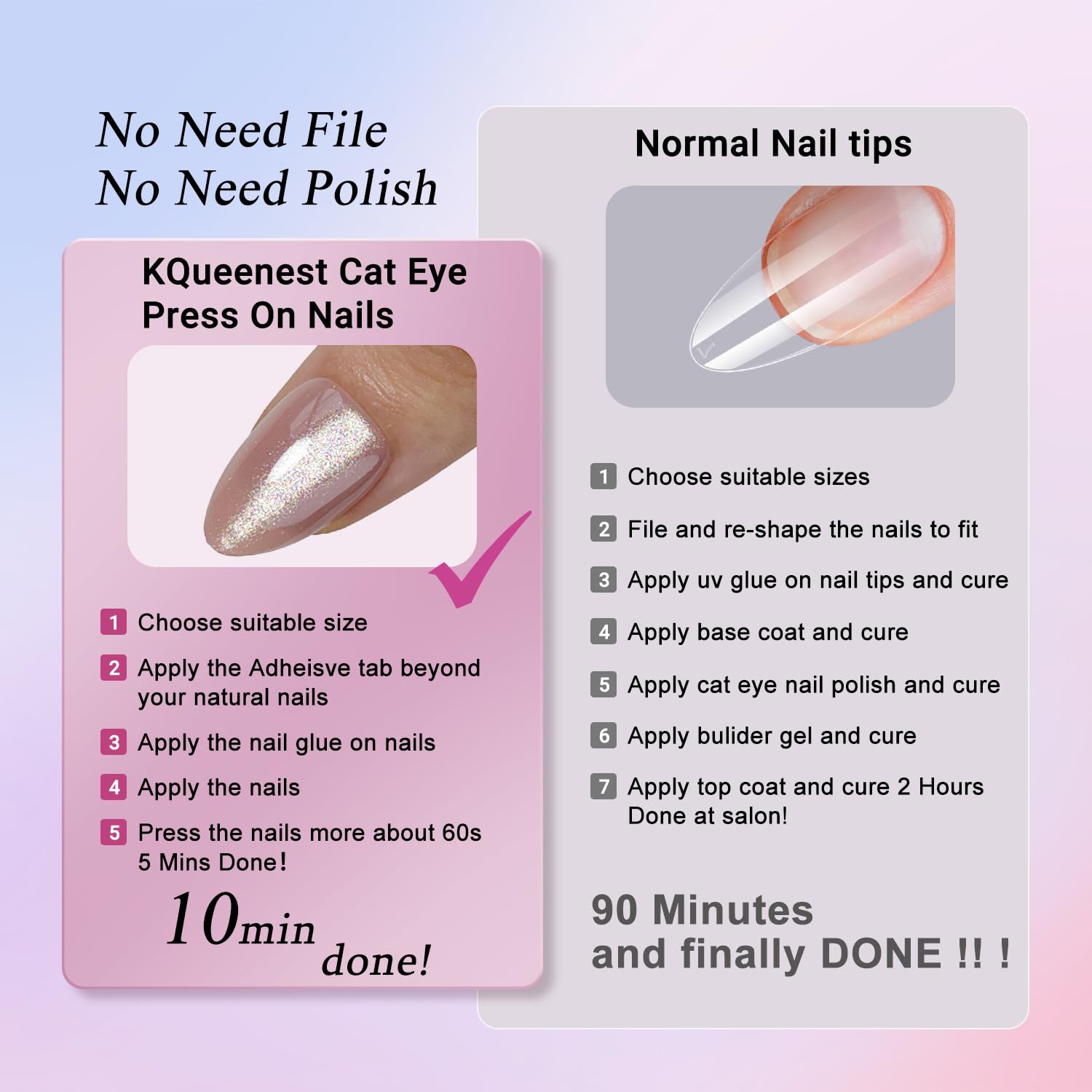 KQueenest Cat Eye Press on Nails Almond Medium, Glazed Glitter Nude False Nails Medium Stiletto - Image 4
