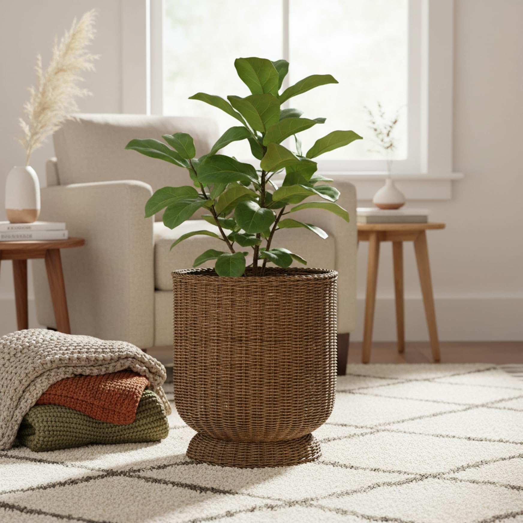 Latemeia Rattan Vase, Natural Brown Woven Planter Basket for Plants Indoor and Outdoor, Decorative Wicker Vase for Flowers, 13.4x15.7 Inch, Indoor Outdoor