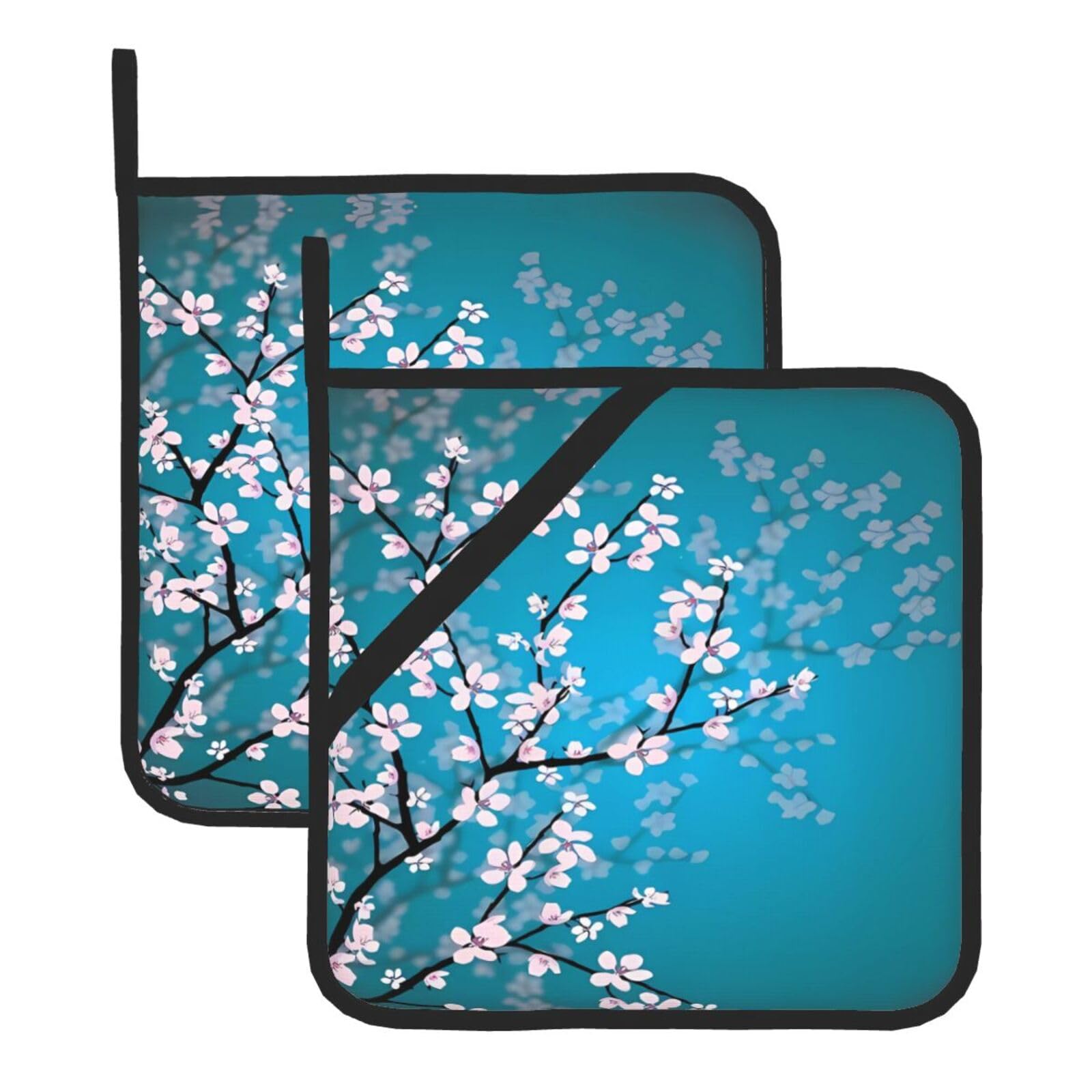 YYHHAOFA Cherry Blossom Prints Square Hot Pads - Durable Kitchen Covers for Heat Resistance, Waterproof Protection & Easy Cleaning - 2-Pack with Hanging Loops