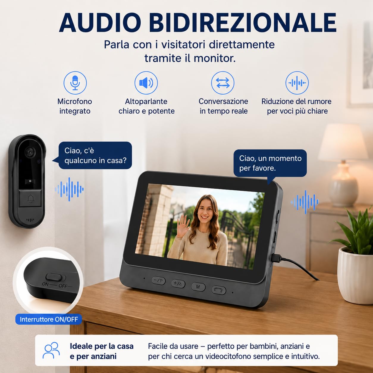 Winnes Videocitofono wireless senza WiFi, campanello con fotocamera e schermo da 4,3", videocitofono 1080P HD, visione notturna, audio bidirezionale, registrazione, grandangolo 170°, IP65
