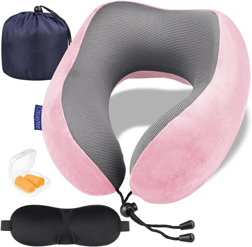 OxsayteeOxsaytee Travel Neck Pillow, Memory Foam Travel Pillow, Car Neck Pillow, Airplane Travel Pillow with 3D Contoured Eye Masks, Earplugs and Storage Bag (Pink)