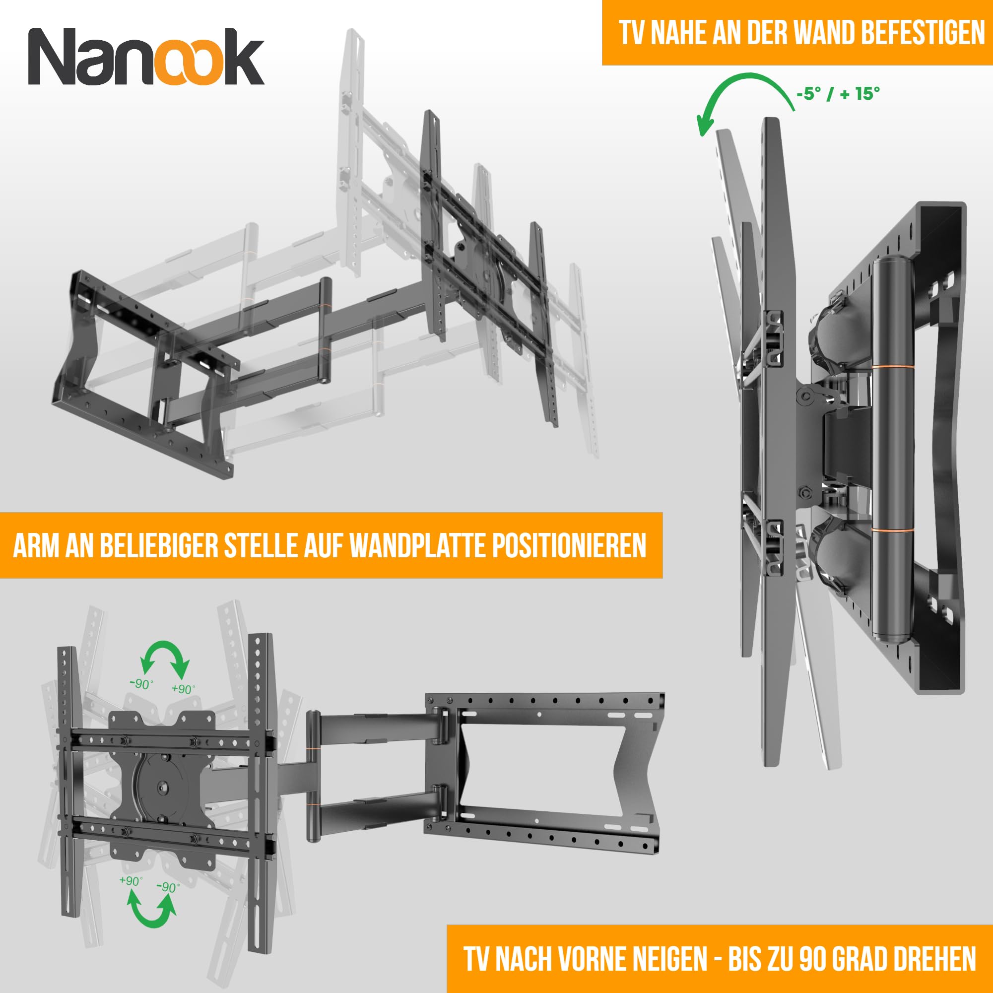 Nanook Long 2080 Langarm TV-Wandhalterung 32-75 Zoll, 80 cm Auszug, 60 kg | Extrem Robuste Konstruktion, Extra-Lange Arme Für Maximalen Schwenkbereich (180°) Und Große Reichweite, Max. VESA 400x400