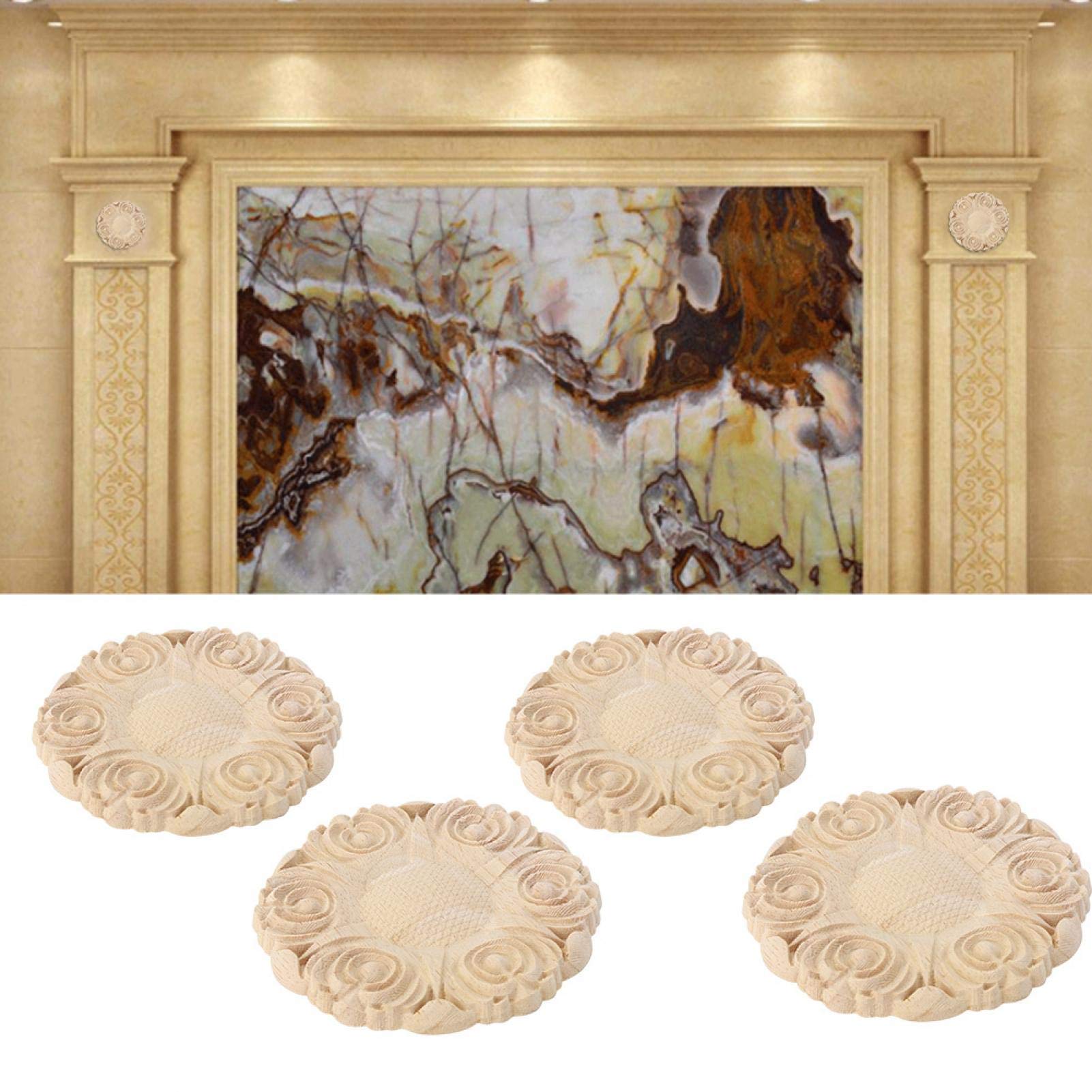 Lot De 4 Appliques Bois Sculpté - Fleur Ronde 10 Cm - Décoration Meuble & Porte Style Européen