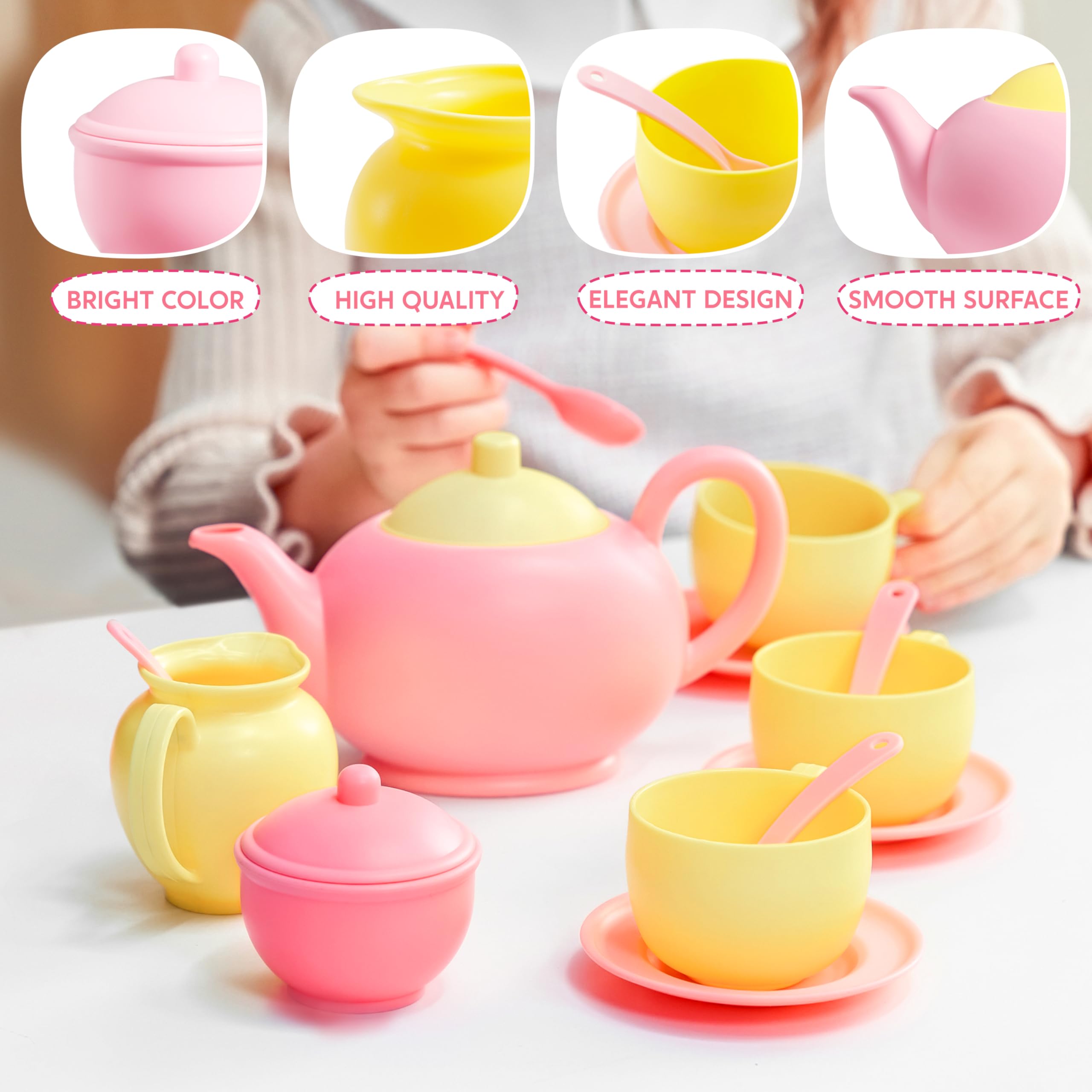 JOYIN Juego de 18 piezas de fiesta de té, juego de té de plástico rosa, mini cocina para niños, regalos para niños y niñas de 3, 4, 5, 6 años