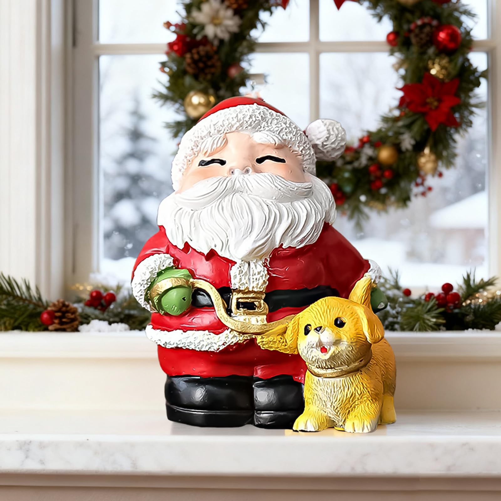 Figurine de Père Noël grand chien assis pour embellir votre porche en hiver