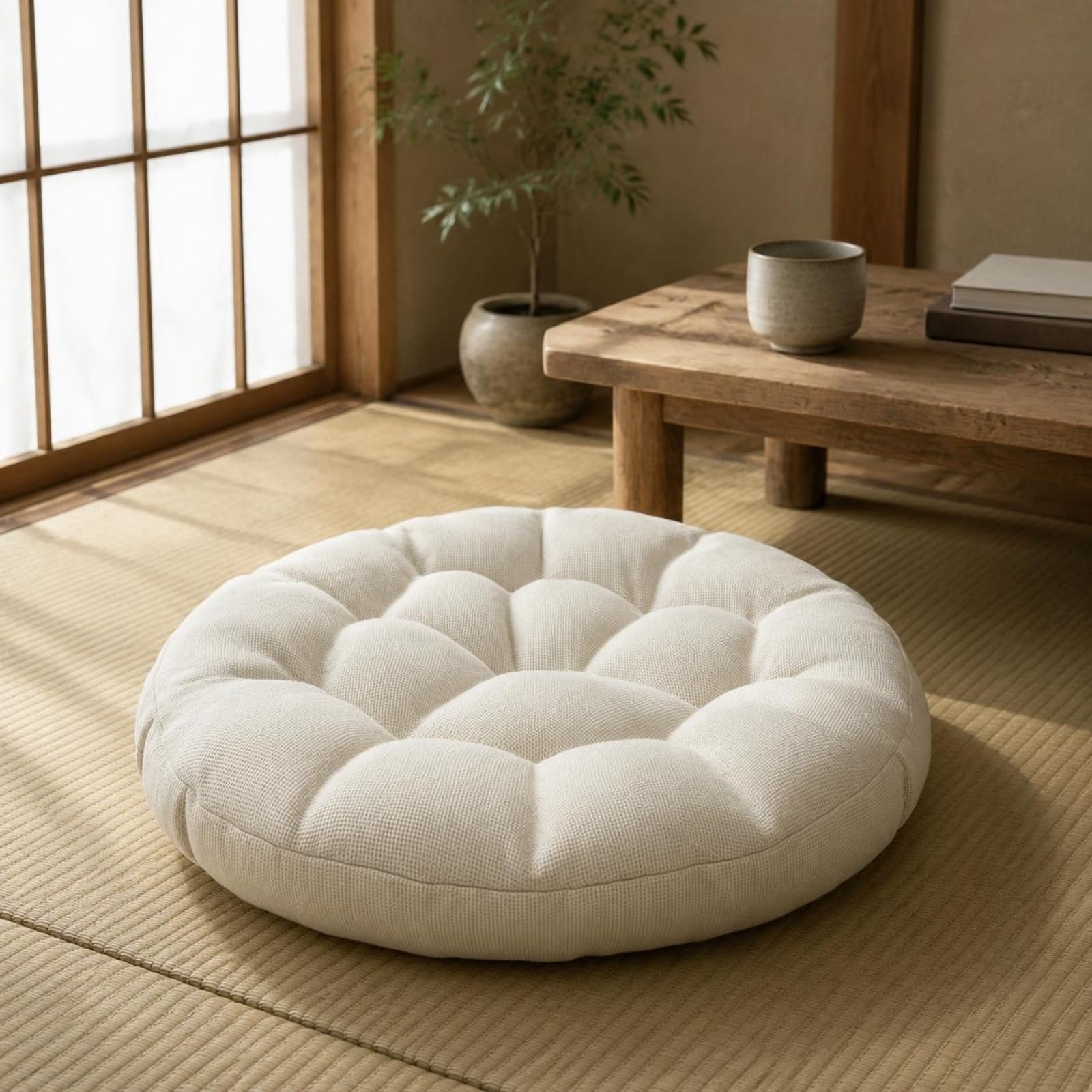 Cuscino Meditazione Rotondo Cuscino Pavimento Seduta Cuscino Tondo Tappetino Meditazione con Imbottitura in Cotone Lino con Trapuntatura Adatto a, Grigio Chiaro