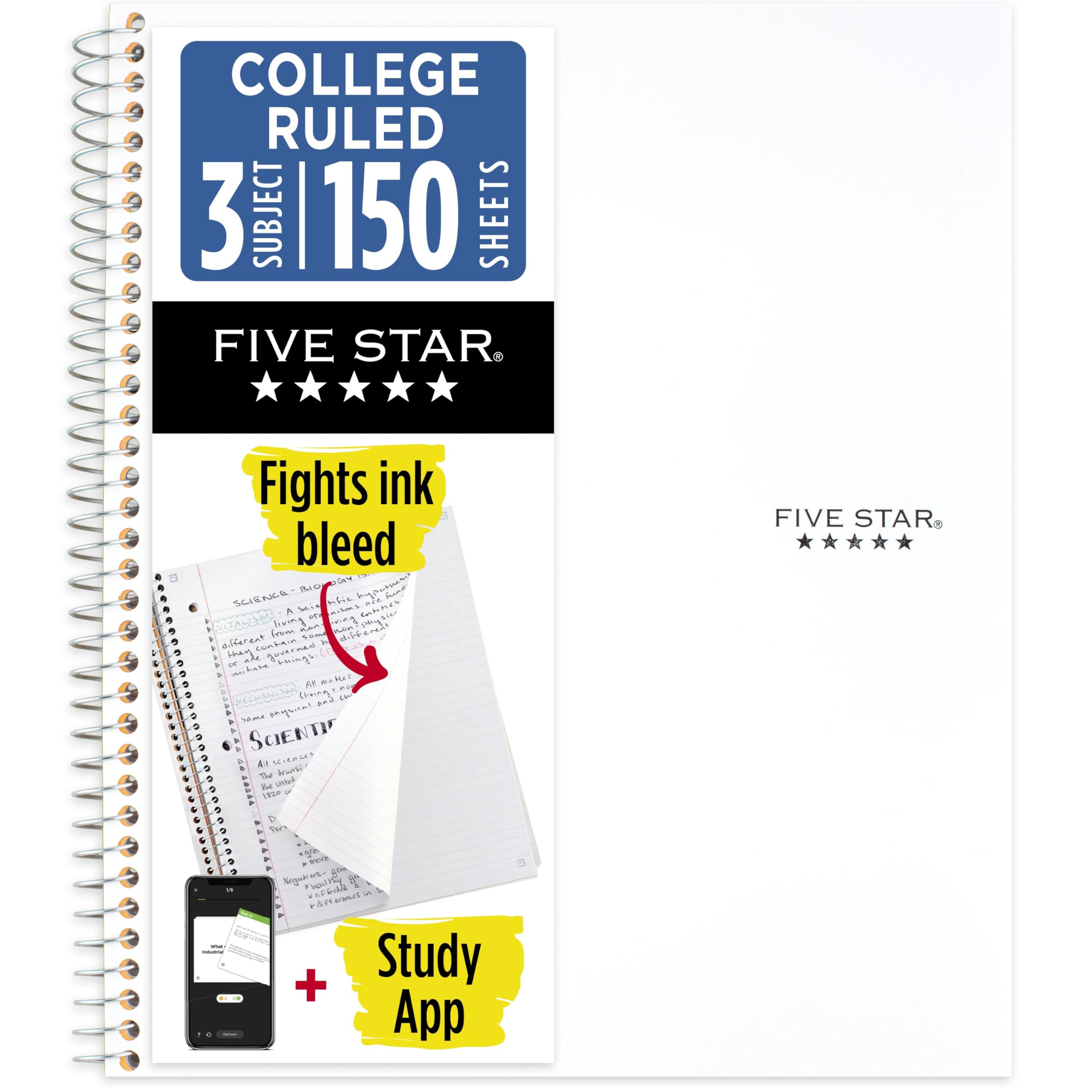 Five Star Spiral Notebook + Study App, 3 Subject, College Ruled Paper, Fights Ink Bleed, Water Resistant Cover, 8-1/2" x 11", 150 Sheets, White (72464) — image 1
