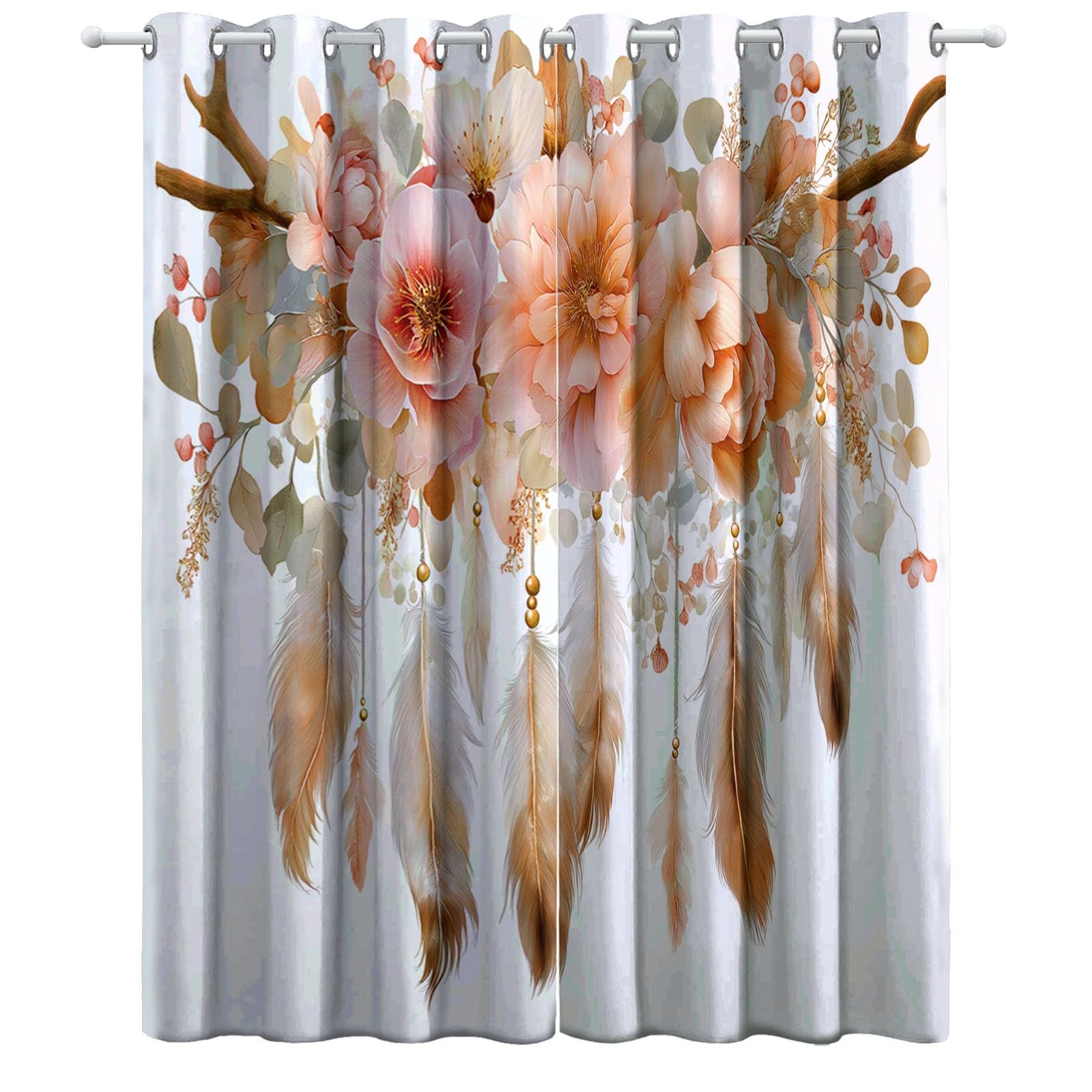 Verdunkelungsvorhang Wohnzimmer Böhmen Federn - Thermovorhang Blickdicht mit Ösen 91.5 x 214 cm (2er Set), Weiß Gardinen Blumen Traumfänger für Büro & Schlafzimmer