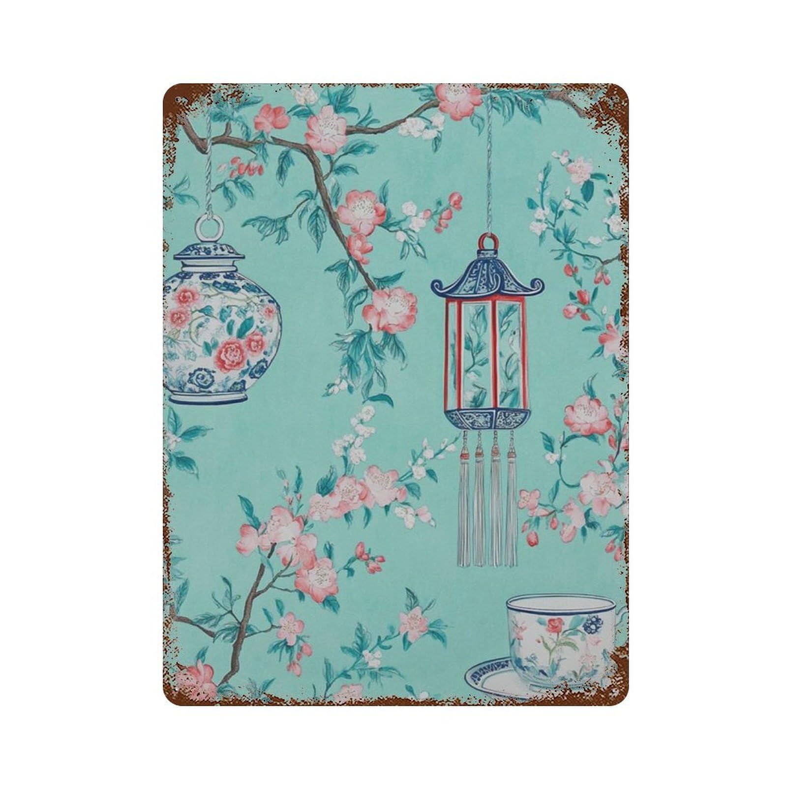 xiaoxiaoshen Cherry Blossom Asian Floral Work Teacup Oriental Garden Wall Decor Art Metal Tin Poster Modern Home Decor Art Home Bar Shop Decorations Vintage Sign 40x30cm