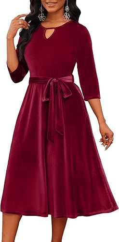 CLOCOR Midi Dresses for Women Casual A-Line Fit and Flare Dress Crewneck 3/4 Sleeve Keyhole Cocktail Party Church Dress - 80% off