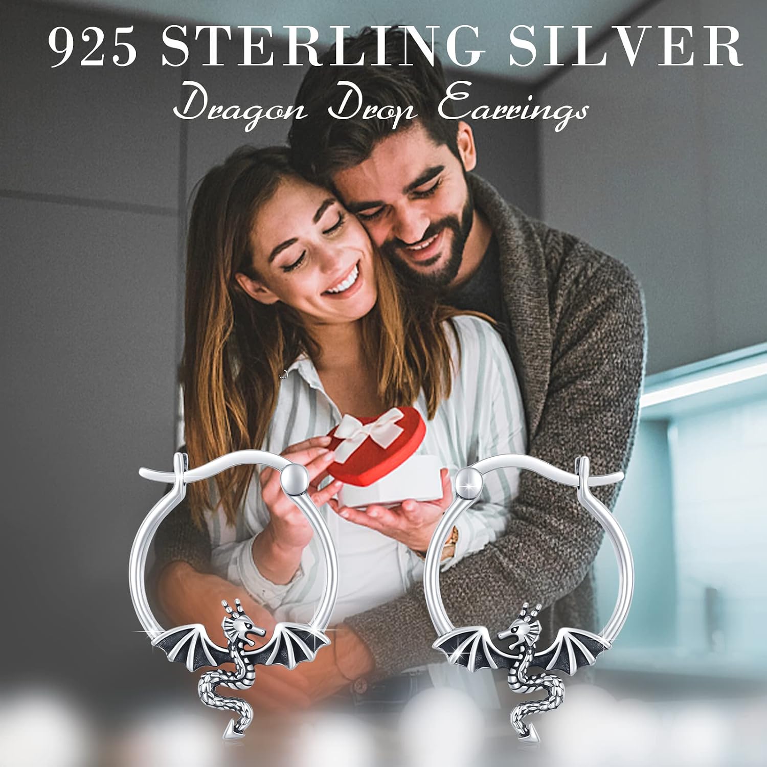 Dragon Earrings Sterling Silver Hoop Dragon Earrings Black Dragon Dangle Drop Earrings Thanksgiving Christmas Viking Dragon Jewelry Gifts for Women Men