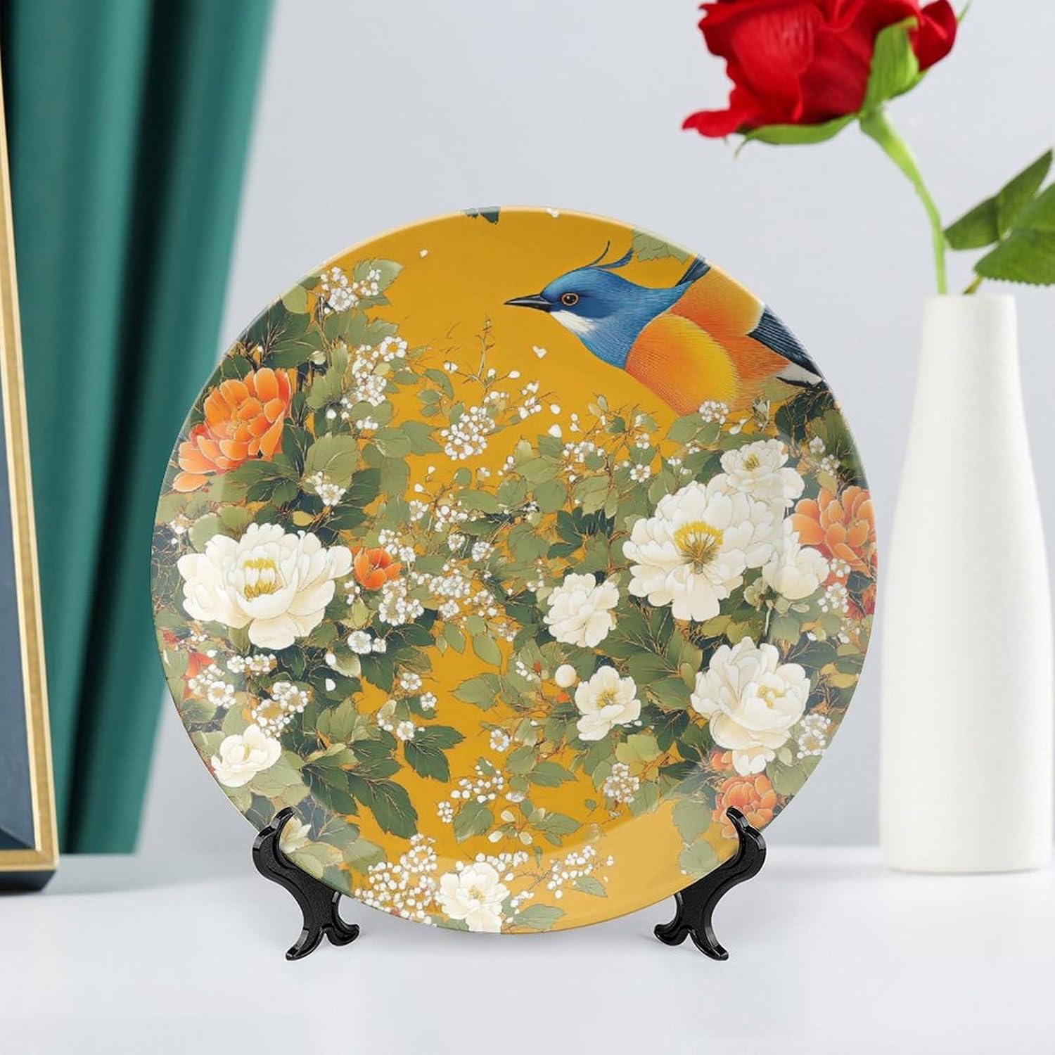 Ceramic Decorative Plate, Decorative Dish with Stand, Bone China Decorative Plates Art Porcelain Plate for Living Room Hallway Table Decor