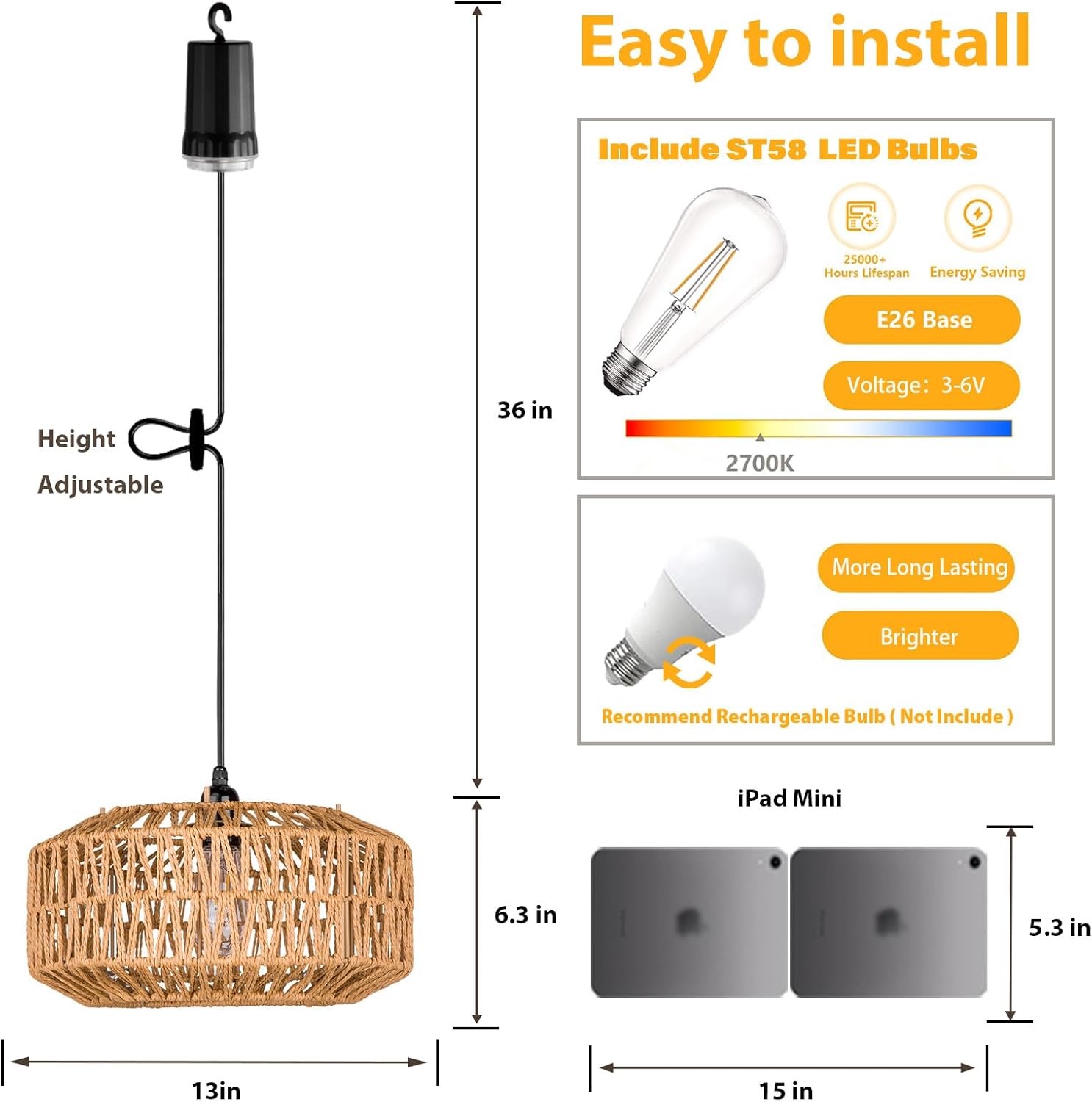 13" Battery Operated Outdoor Chandelier, Battery Power Hanging Pendant Lights, Woven Rattan Gazebo Light Outdoor Waterproof, for Gazebo, Pergola, Porch, Indoor Outdoor Decor Lighting