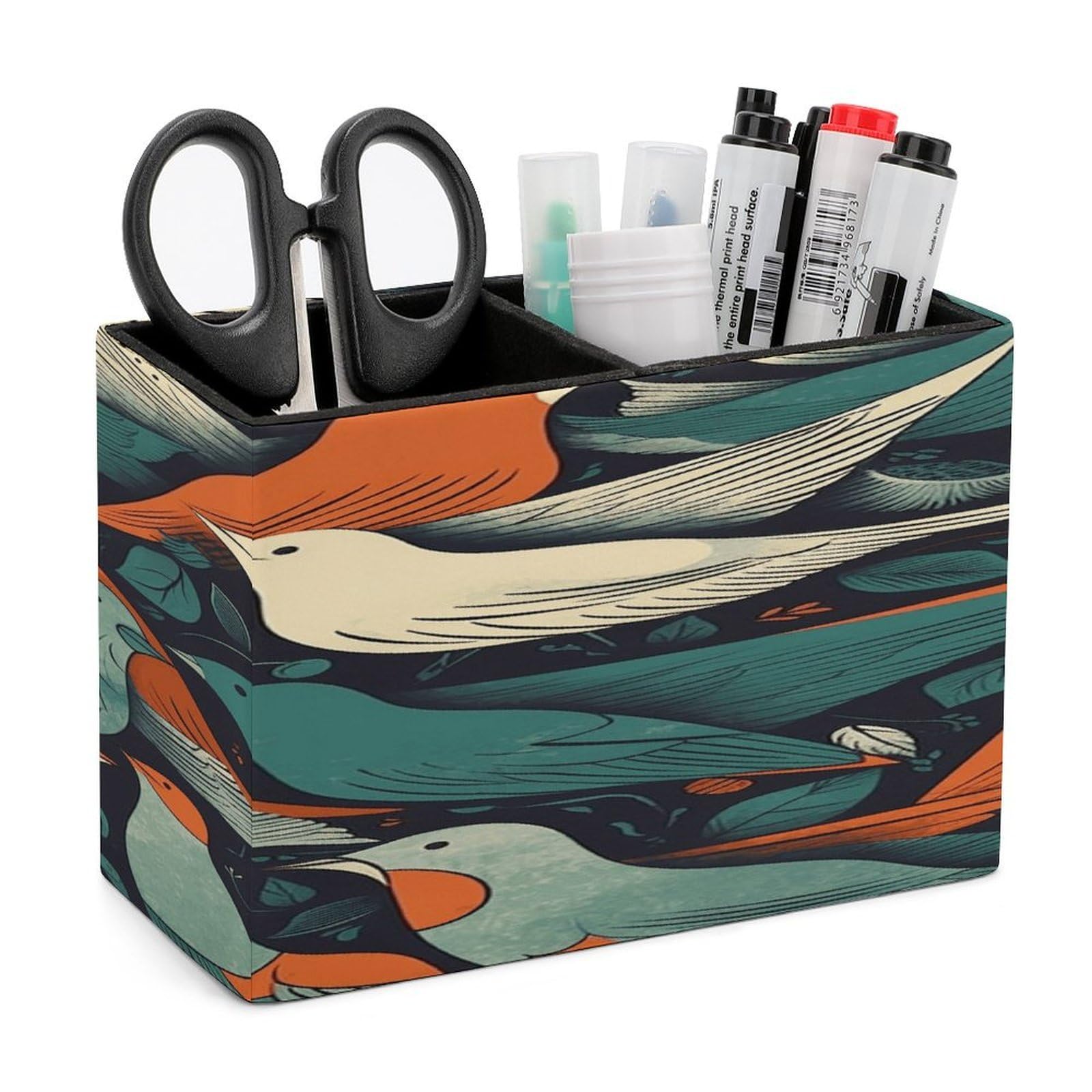 VstaDank Flock of Birds Pen Holder Double Compartments Pen Cup Fashion Makeup Brush Holders Leather Pencil Holder for Work Locker Accessories Modern Pencil Cup for Desk Organizer
