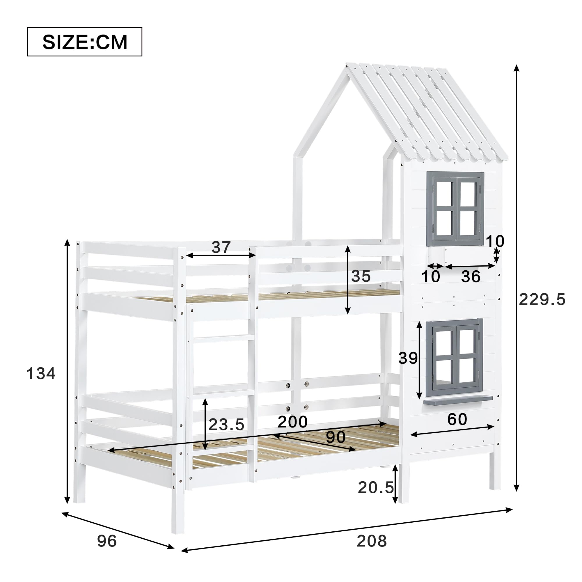 Lubvtti Litera Infantil 90 x 200 cm con pasamanos y Ventana,Cama Infantil con protección contra caídas y barandilla,Cama de Matrimonio,Estructura Cama de Pino con Base de láminas,Blanco