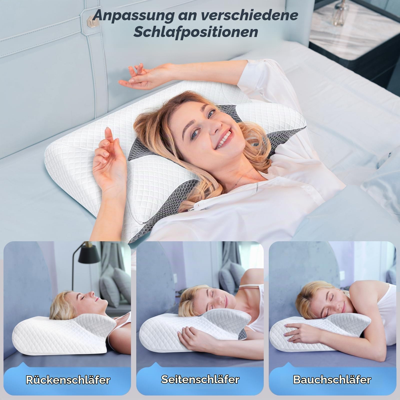 SAHEYER Nackenkissen Memory Foam Kissen, 2 in 1 Nackenstützkissen Kopfkissen Seitenschläfer für Bauchschläfer & Rückenschläfer, mit Waschbarem und Atmungsaktiv Kissenbezug, 59 * 43 * 12/15cm, Grau