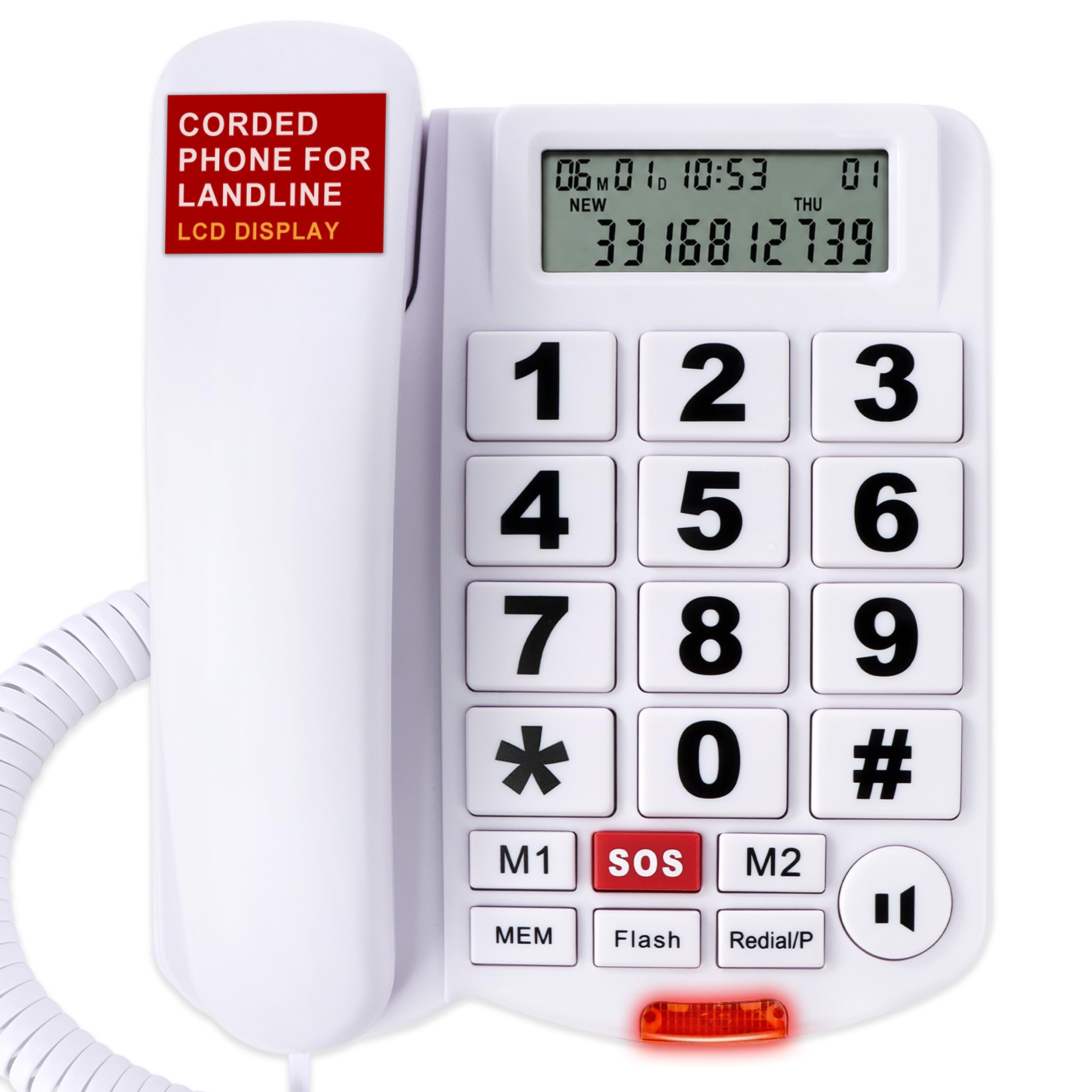 Uvital - Telefono fisso con cavo per anziani, con ID chiamante, 2 pulsanti one-touch e pulsante di emergenza SOS, vivavoce, suoneria forte, telefoni fissi senior per casa/ufficio/hotel