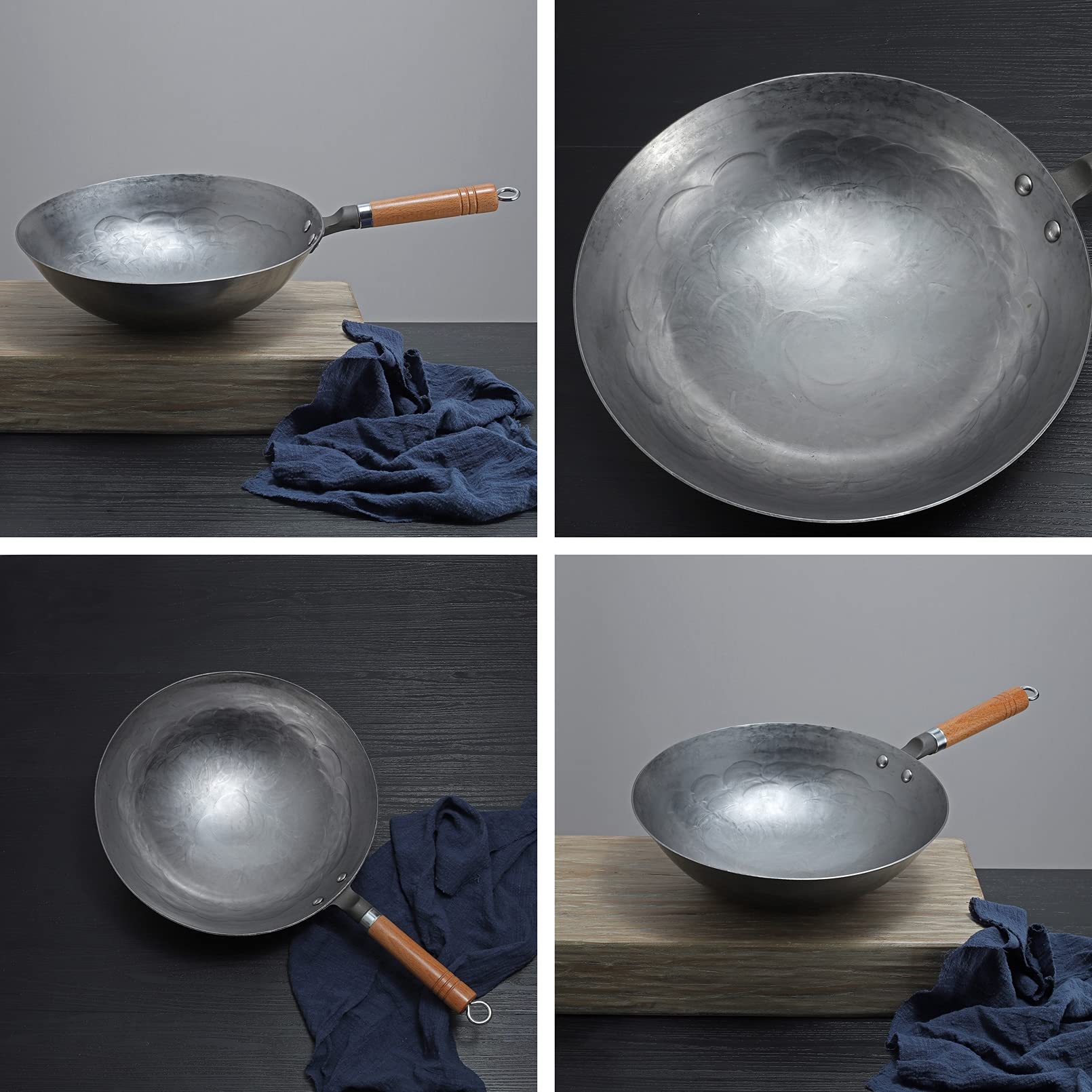 Wok Wok Tradizionale Wok in Acciaio al Carbonio Martellato A Mano con Manico in Legno E Acciaio Manico Rimovibile Wok Spesso 1,8 mm con Coperchio (Base Rotonda),36cm