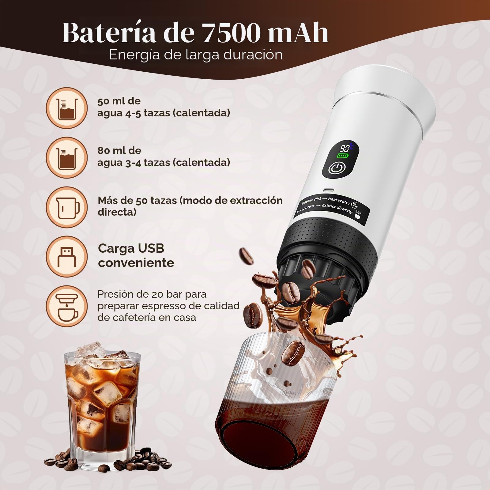 Máquina de Café Portátil, 3 en 1 Cafetera Espresso de Batería, Compatible con Cápsulas y Café Molido, Regalos para Autocaravana y Camping (Blanco)