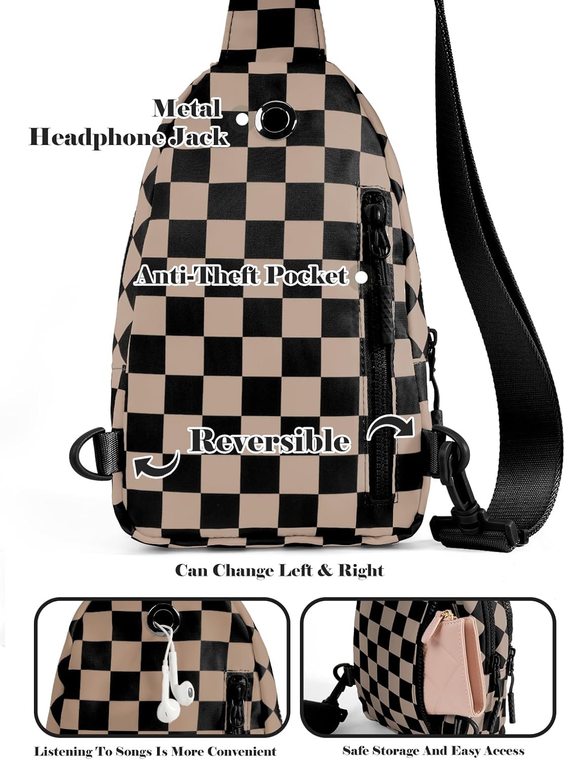 Checkered Sling Bag for Women Small Backpack Crossbody Chest Bag Fanny Packs Purses
