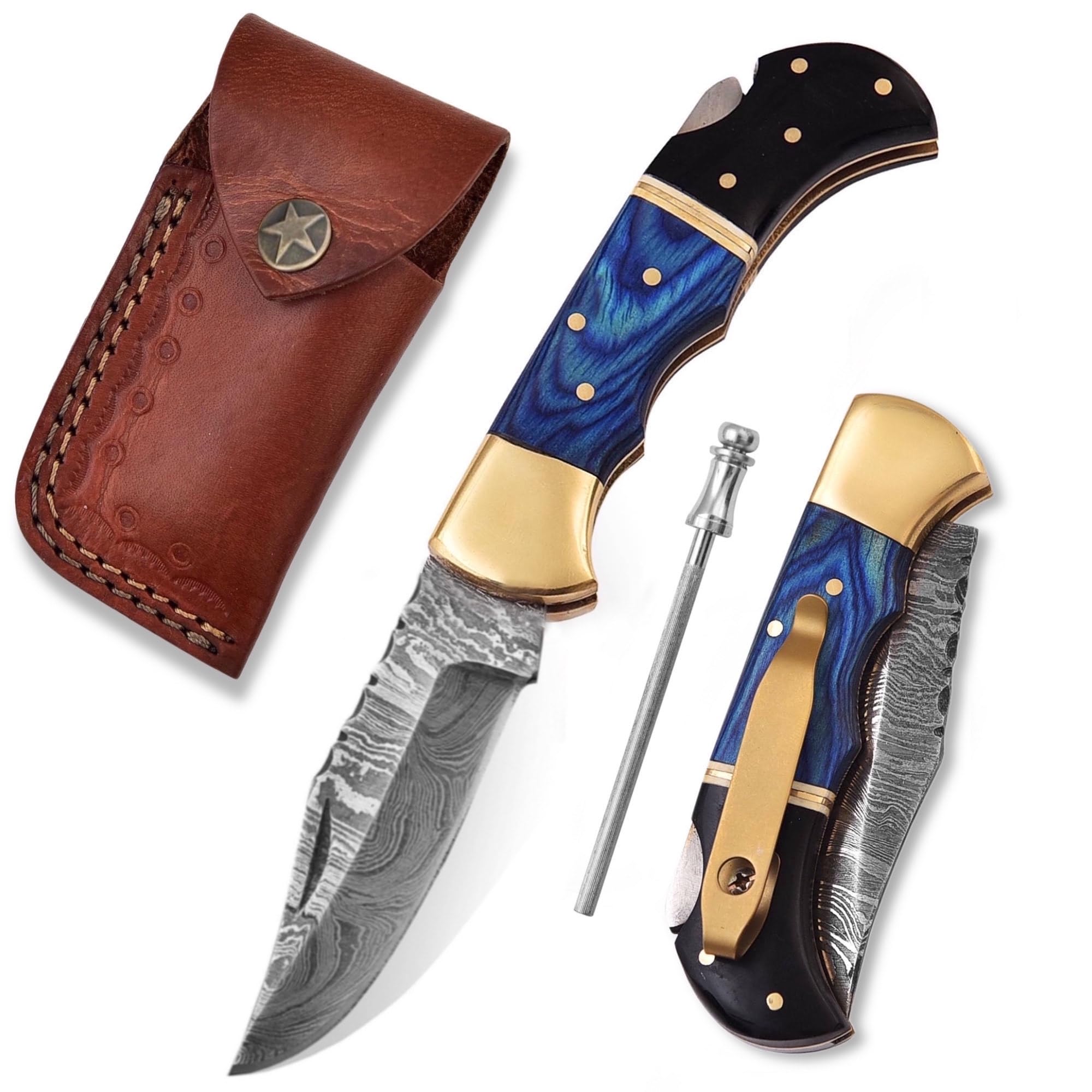 BCK Damascus Pocket Knife with Clip - 6.5