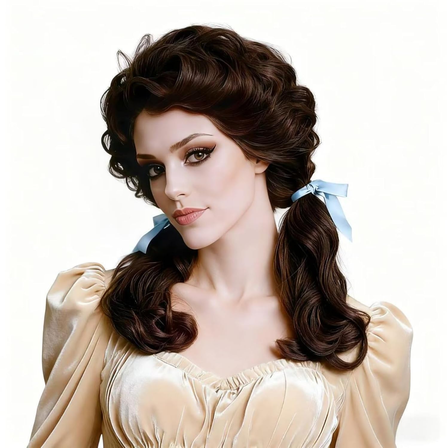 Long Wavy Dark Brown Wigs with 2 Ponytails for Women 18 Inches Synthetic Brown Wig for 70s 80s Cosplay,Halloween Party or Daily Use