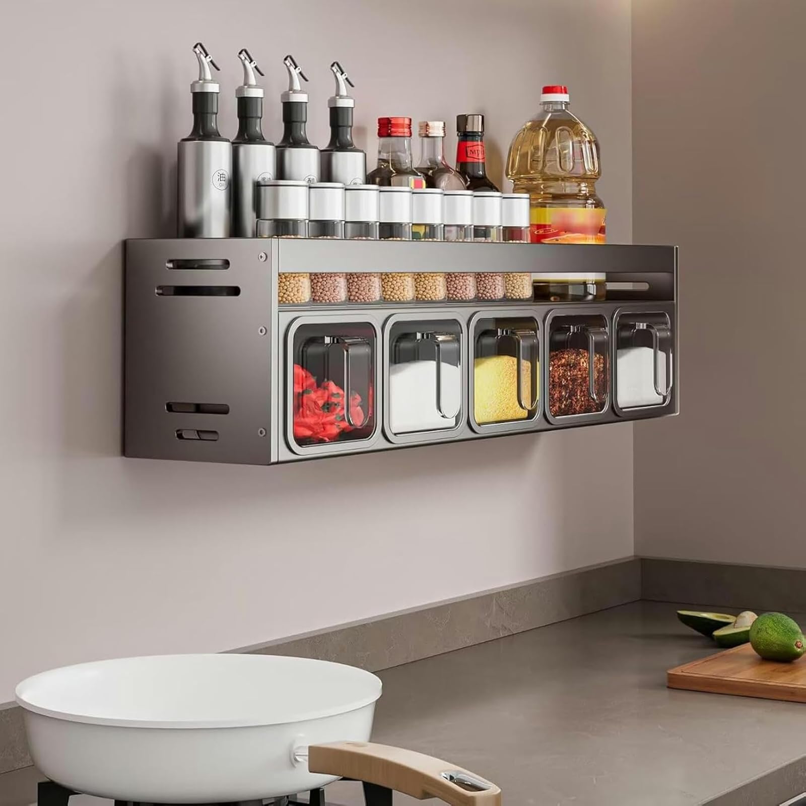 Portaspezie da parete, con 5 barattoli trasparenti, soluzione per la dispensa e armadietto, design a 4 griglie per risparmiare spazio