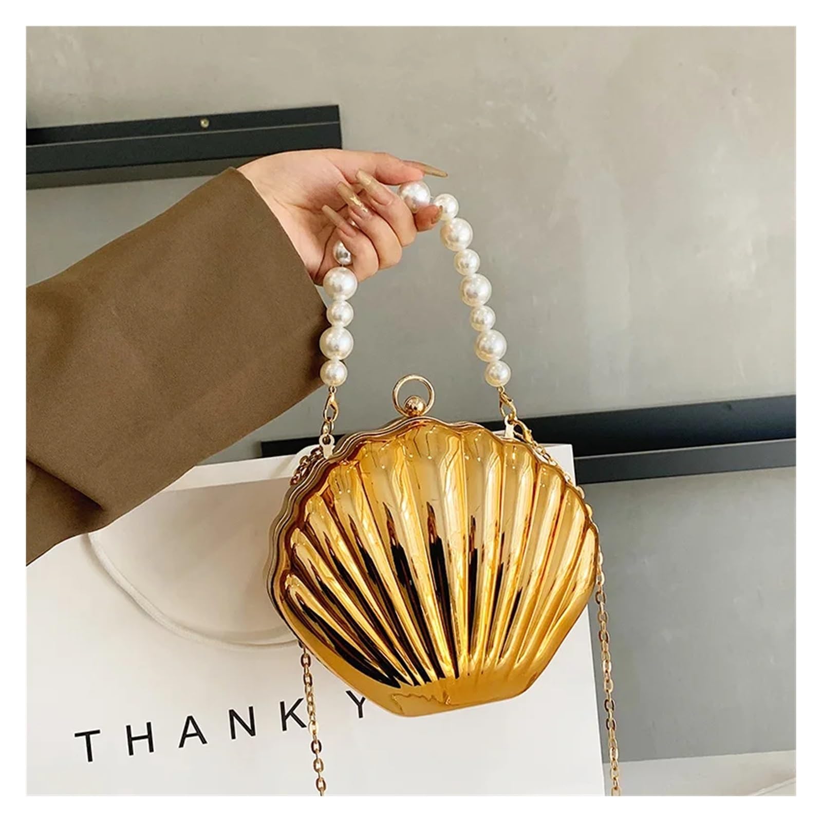 Muscheltasche, Neue Umhängetasche for Damen, Kleine Schultertaschen, Süße Geldbörsen, Goldene Abendtasche(Shape 2 White)