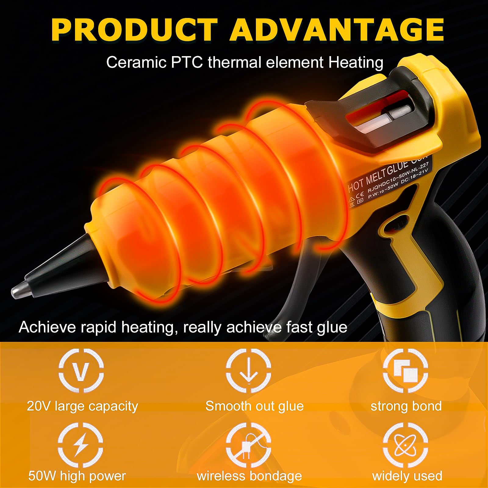 Pistola per colla a caldo senza fili per Dewalt, adatta per batteria agli ioni di litio Dewalt 18/20 V max, 30 secondi di preriscaldamento rapido, pistola per colla a caldo a grandezza naturale, con