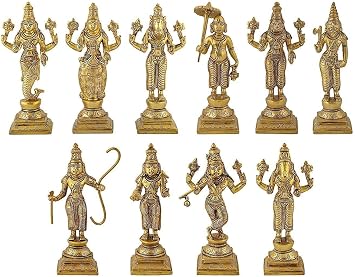 Liv Brass Dashavatara Statue 6 Inch, Lord Vishnu Ten Avatars Idol with Antique Finish, Easter Decor House Warming Gifts Religious Sculptures Return Home Temple