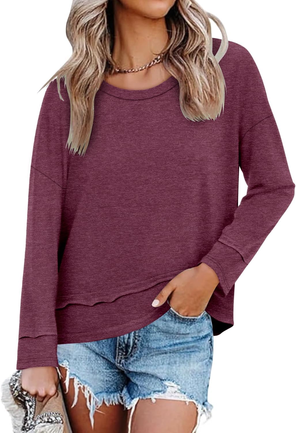 Women's Long Sleeve T-Shirts Solid Color Loose Fit Cute Basic Flowy Tops Spring Fall Casual Blouse