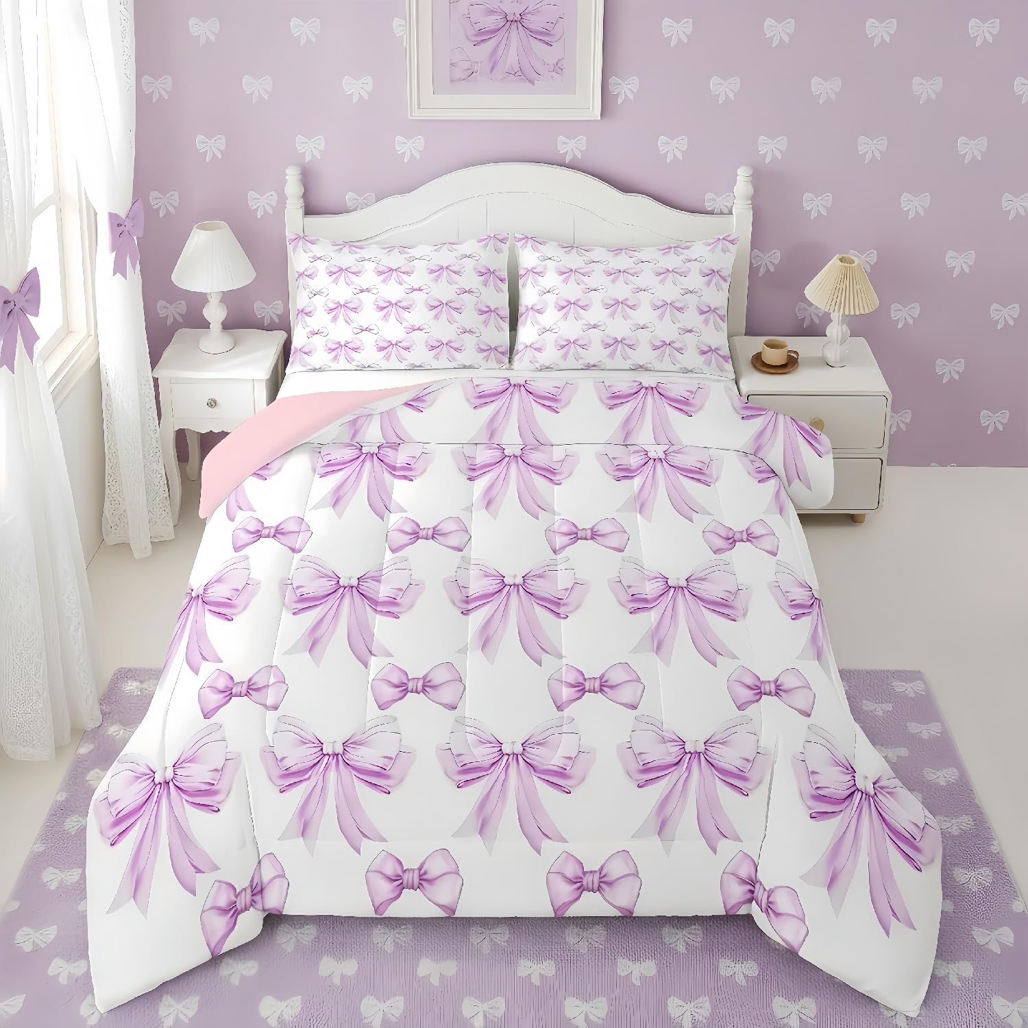 Erosebridal Purple Bow Full Comforter Set for Girls - Cute Bows Bedding Sets for Kids Teen, Purple Ribbon Bowtie Bed Set, Princess Bow Knot Preppy Room Decor with 2 Pillowcases