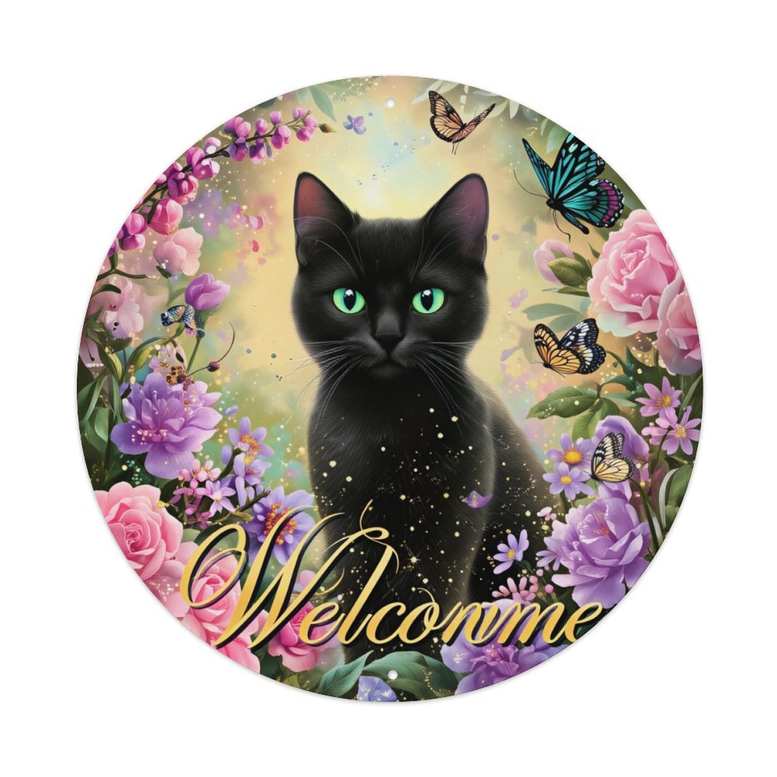 Black Cat Flowers Butterflies Welcome Metal Tin Sign Plaque